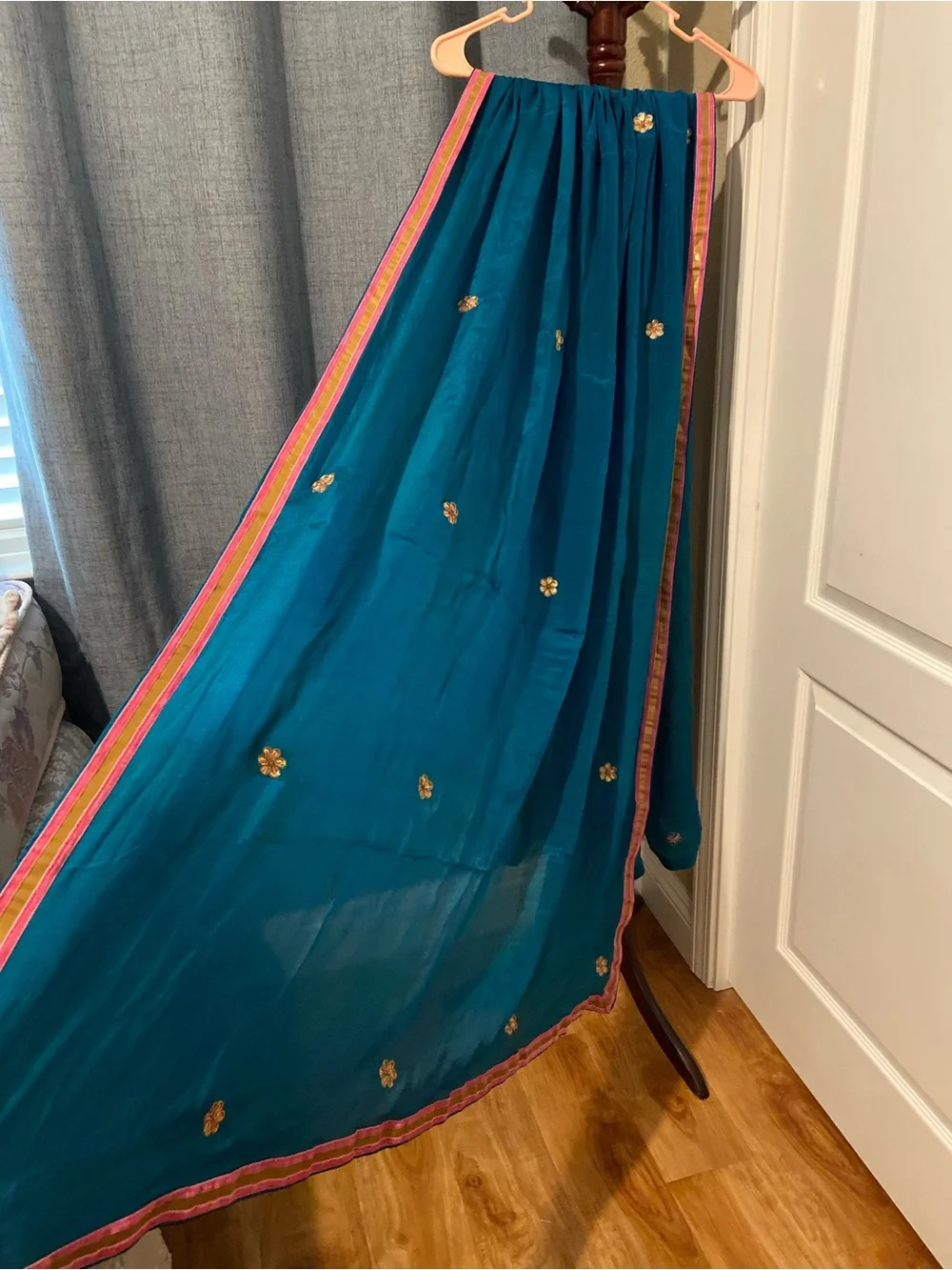 Indian Teal Floral Embellished Women's Scarf Dupatta Shawl Veil Wrap Pink Gold
